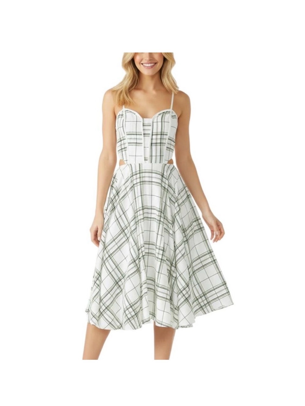 J.O.A. White and Green Plaid Sweetheart Cut Out Midi Dress sz M ptp 18